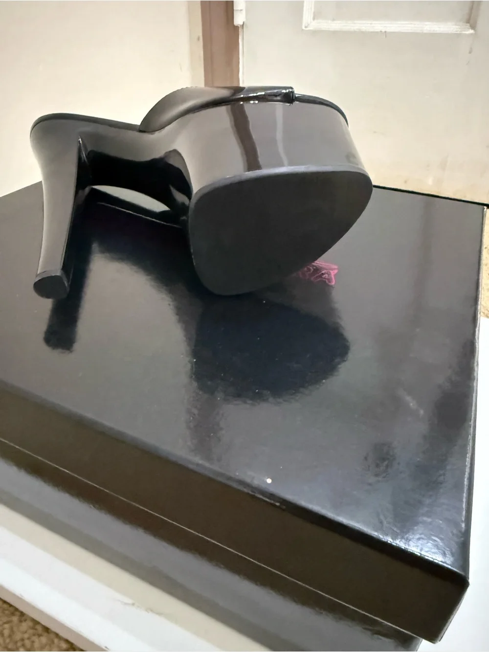 YRU Black Patent Platform Mule Heels with Crystal Dollar Buckle